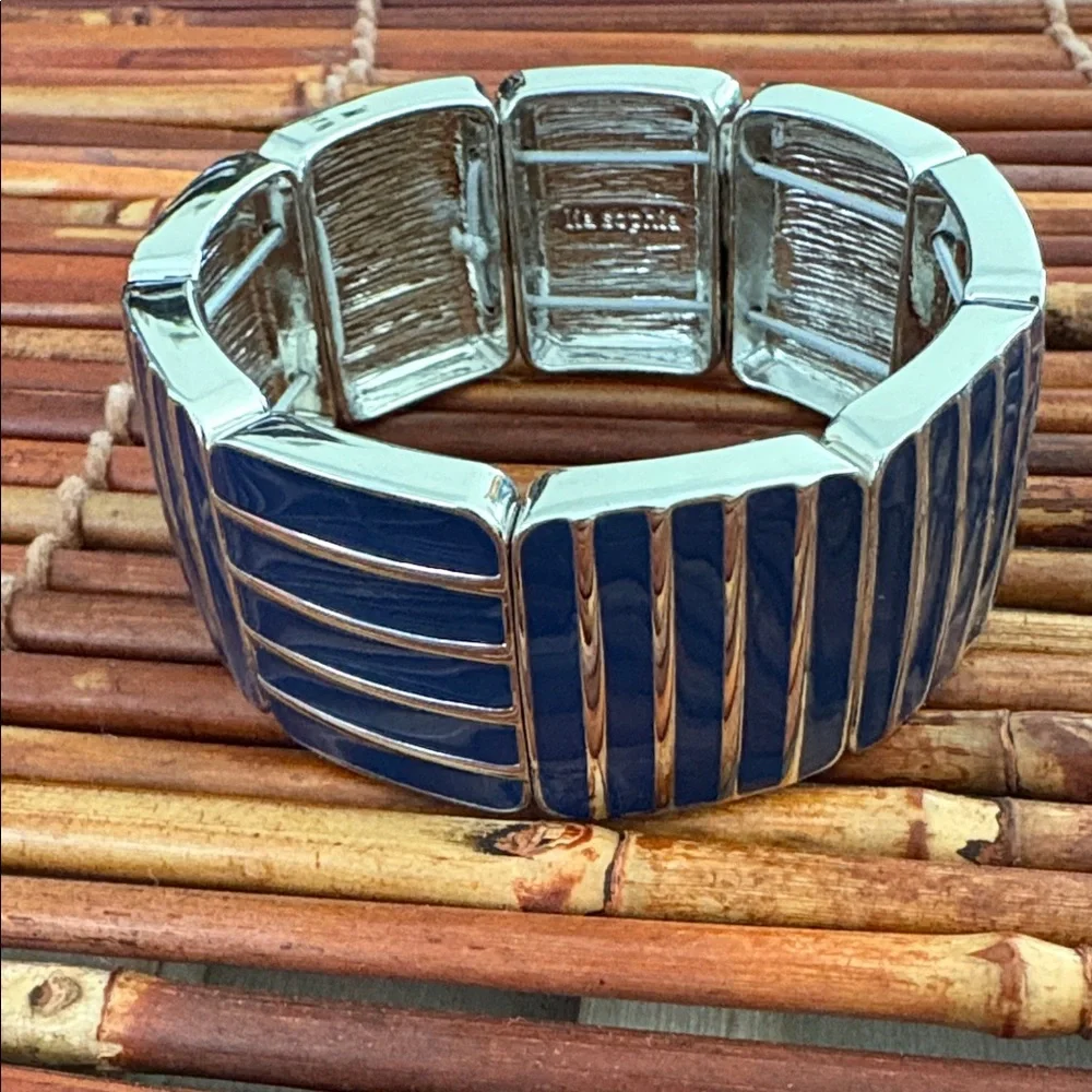 Lia Sophia Navy Blue and Silver Striped Stretchy Bracelet NWT